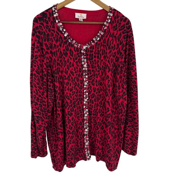 Quacker Factory Red & Black Leopard Print Cardigan With Rhinestone Accents 3X - Picture 1 of 8